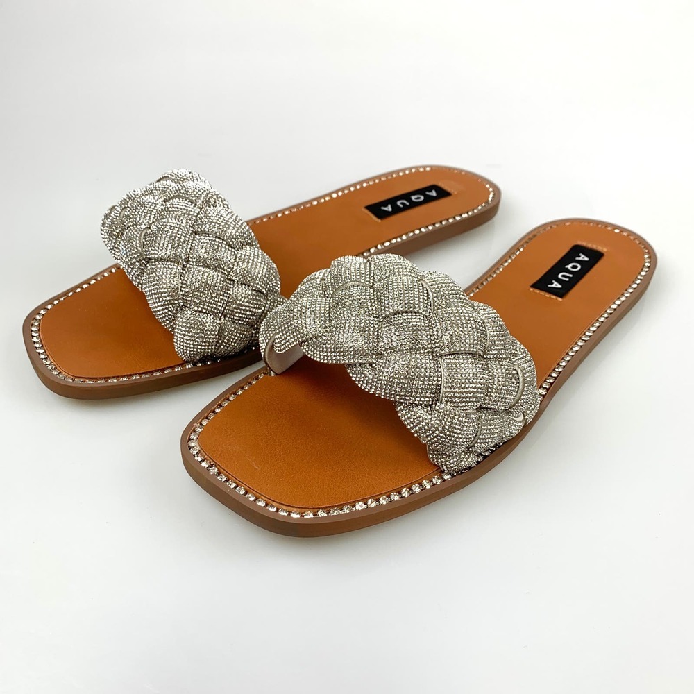 NIB Aqua Women Ivy Studded Dressy Warm Slide Sandals Size 9.5 Silver Bling Bling - Picture 4 of 12